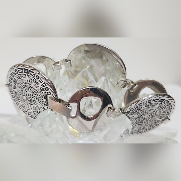 Aztec Calendar Silver Disc Bracelet VINTAGE - Picture 15 of 16